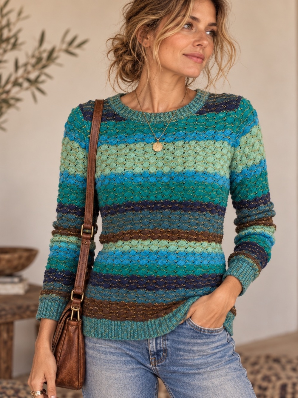 Vintage Colorful Textured Stripe Knit Sweater Boho Coastal